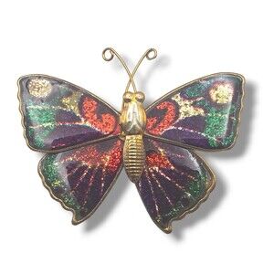 Brass Red Purple Green Sparkle Enamel Monarch Butterfly Brooch Pin C Clasp